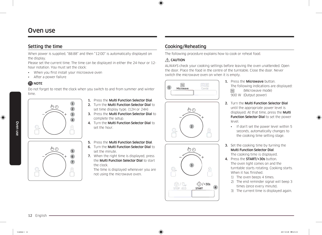 Samsung MC28M6055CK/LI manual Setting the time, Cooking/Reheating 