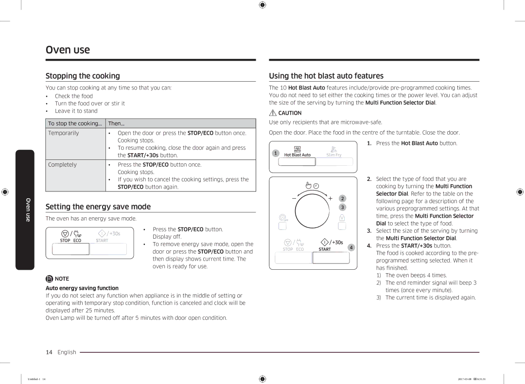 Samsung MC28M6055CK/LI manual Stopping the cooking, Setting the energy save mode, Using the hot blast auto features 