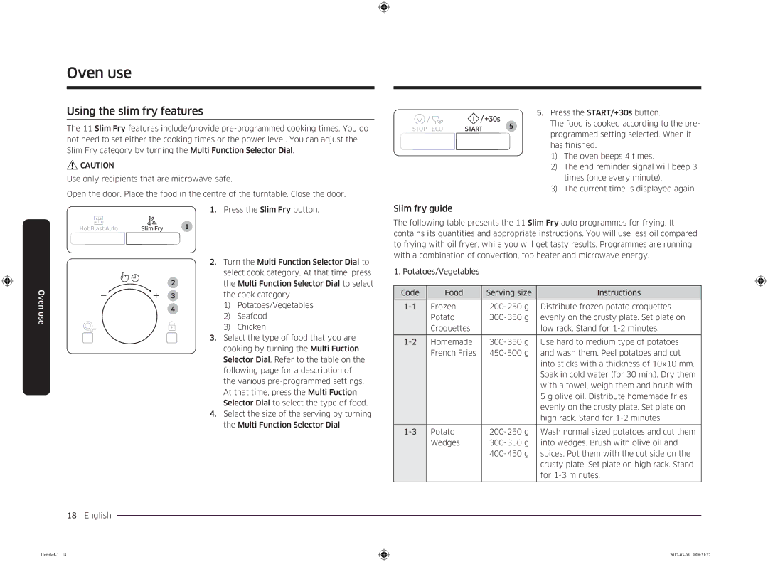 Samsung MC28M6055CK/LI manual Using the slim fry features, Slim fry guide 