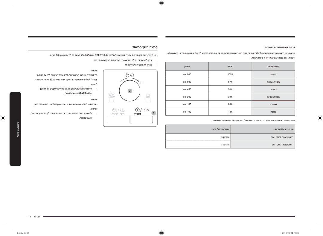 Samsung MC28M6055CK/LI manual לושיבה ךשמ תעיבק, םינתשמ םינמזו המצוע תוגרד, הטיש, +30/לעפה START/+30s, קפסה זוחא המצוע תגרד 