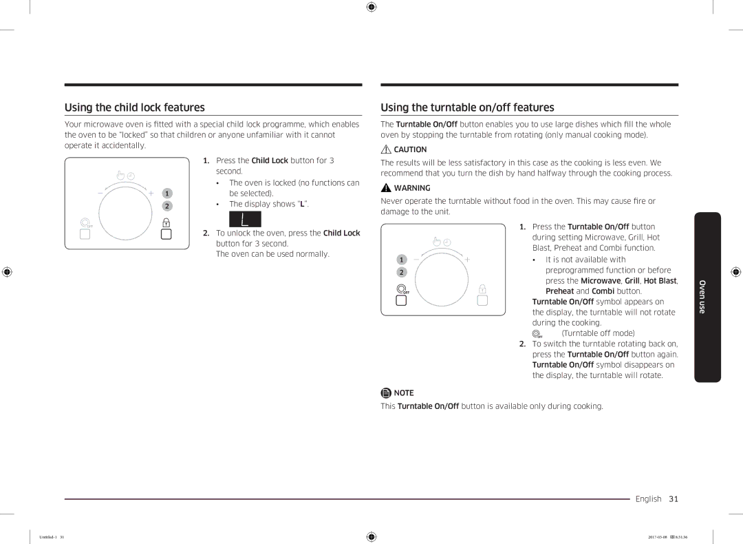 Samsung MC28M6055CK/LI manual Using the child lock features, Using the turntable on/off features 