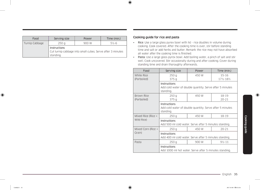 Samsung MC28M6055CK/LI manual Cooking guide for rice and pasta 