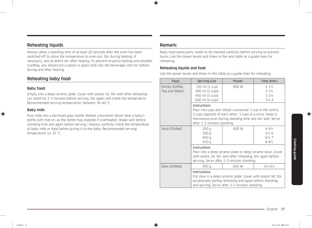 Samsung MC28M6055CK/LI manual Reheating liquids, Reheating baby food, Remark 