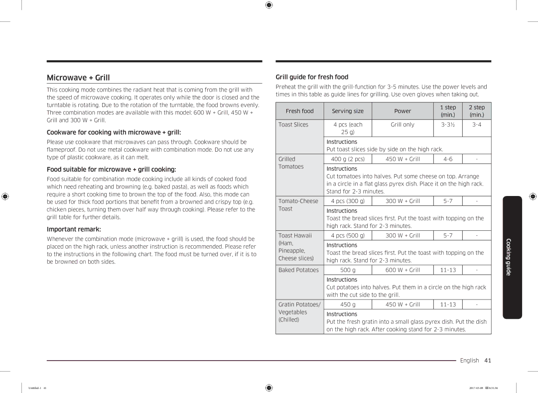 Samsung MC28M6055CK/LI manual Microwave + Grill, Cookware for cooking with microwave + grill, Grill guide for fresh food 