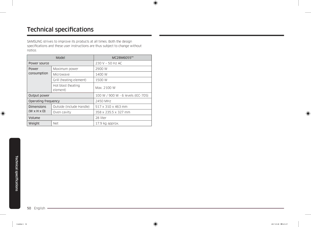 Samsung MC28M6055CK/LI manual Technical specifications 