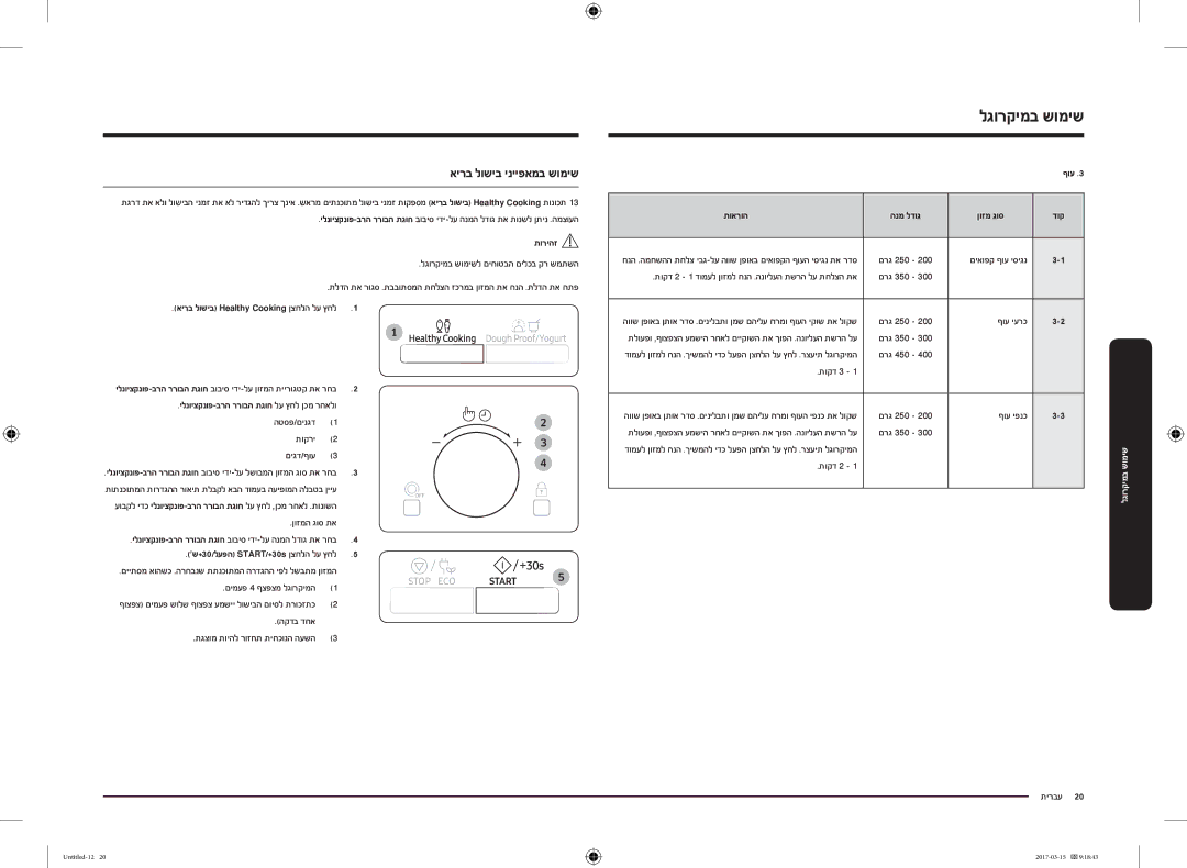 Samsung MC28M6055CK/LI manual אירב לושיב ינייפאמב שומיש, הטספ/םינגד1 תוקרי2 םיגד/ףוע3, ףוע יערכ, ףוע יפנכ, תוקד 2 עברית  