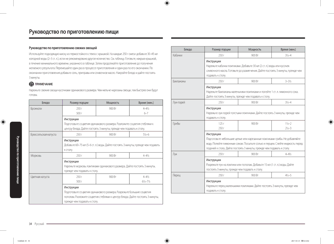 Samsung MC28M6055CK/LI manual Руководство по приготовлению свежих овощей 