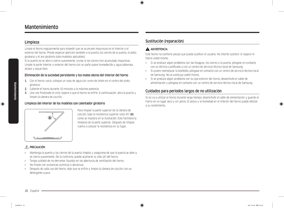 Samsung MC28M6055CS/EC Mantenimiento, Limpieza, Sustitución reparación, Cuidados para períodos largos de no utilización 