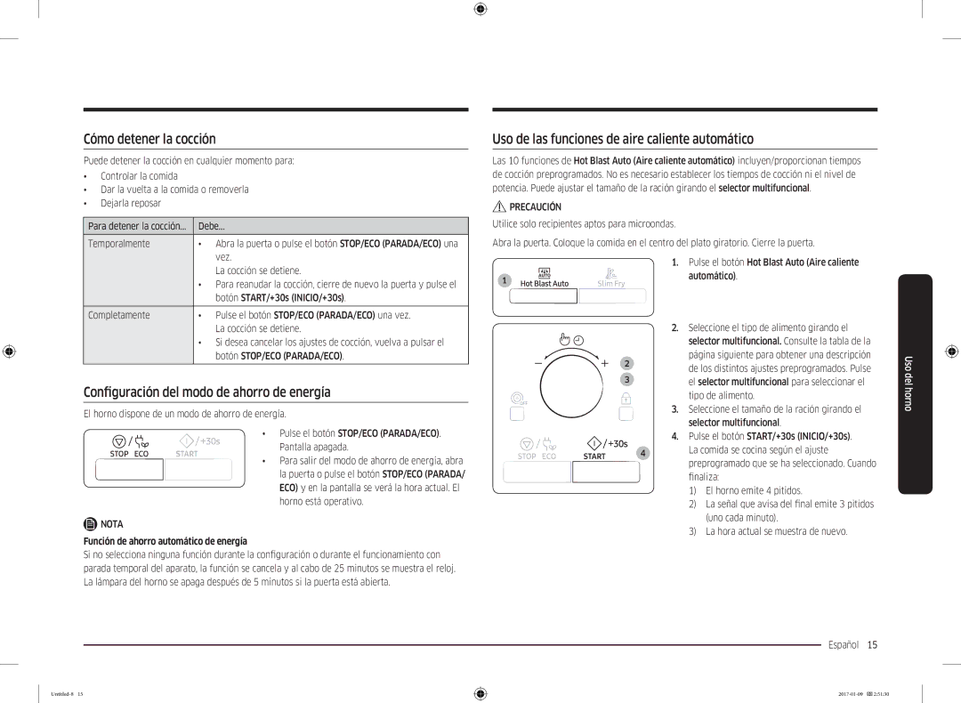 Samsung MC28M6055CS/EC manual Cómo detener la cocción, Configuración del modo de ahorro de energía 