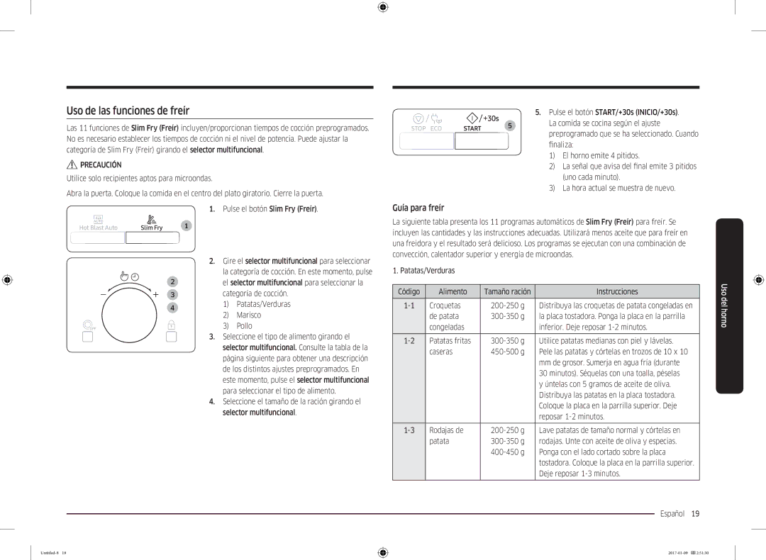 Samsung MC28M6055CS/EC manual Uso de las funciones de freír, Guía para freír 