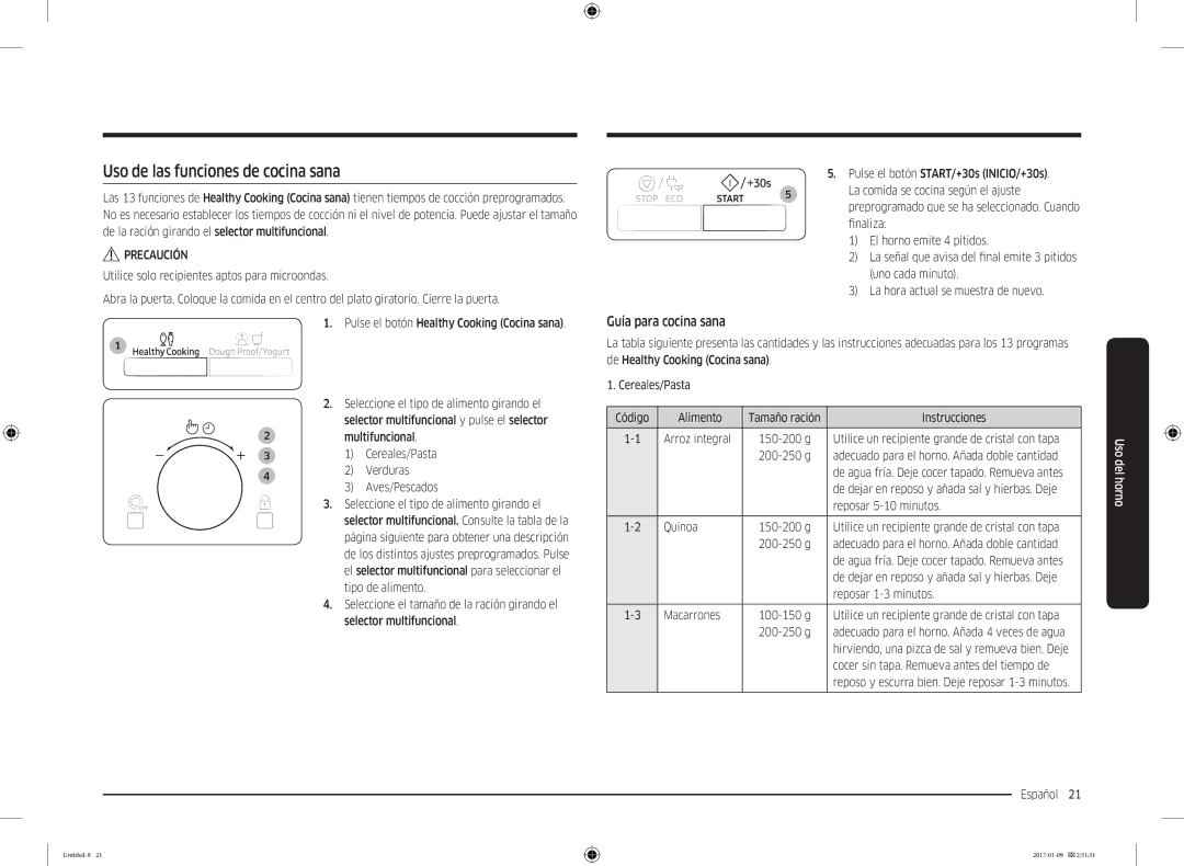 Samsung MC28M6055CS/EC manual Uso de las funciones de cocina sana, Guía para cocina sana 