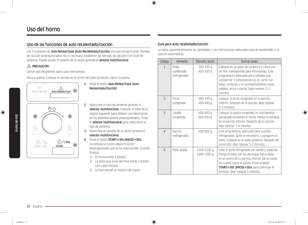 Samsung MC28M6055CS/EC manual Uso de las funciones de auto recalentado/cocción, Guía para auto recalentado/cocción 