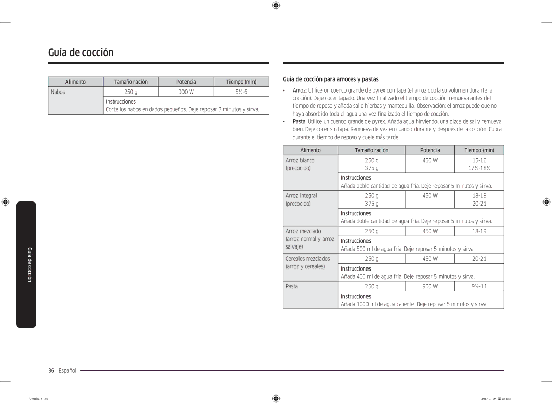 Samsung MC28M6055CS/EC manual Guía de cocción para arroces y pastas 