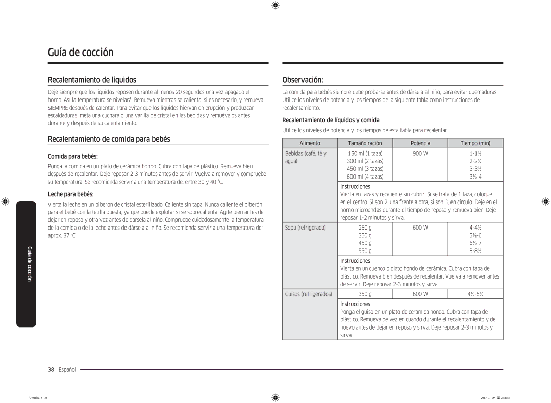 Samsung MC28M6055CS/EC manual Recalentamiento de líquidos, Recalentamiento de comida para bebés, Observación 