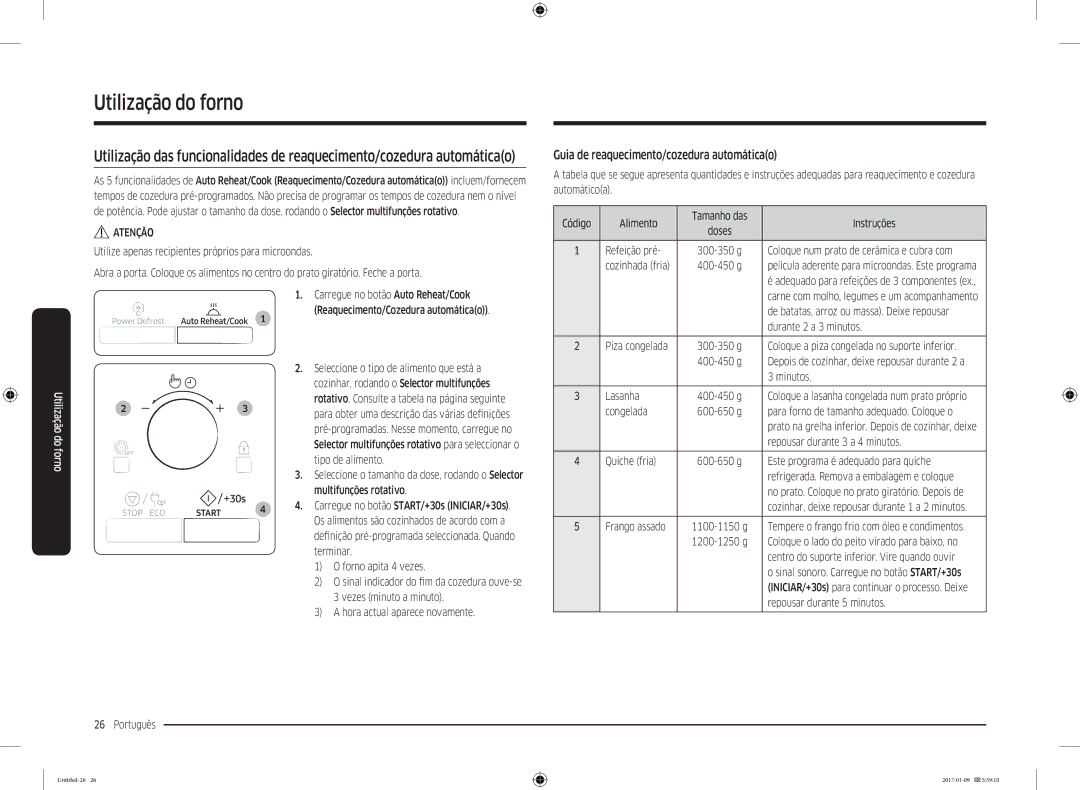 Samsung MC28M6055CS/EC manual Guia de reaquecimento/cozedura automáticao 