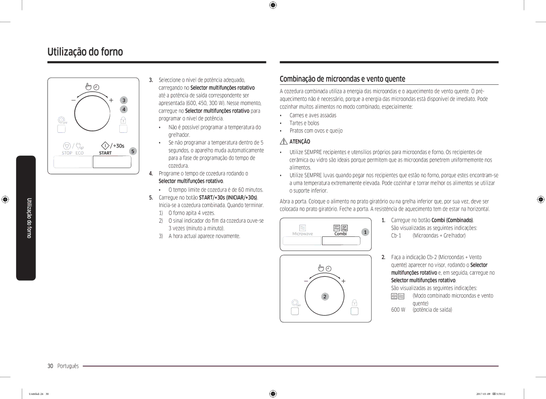 Samsung MC28M6055CS/EC manual Combinação de microondas e vento quente, Seleccione o nível de potência adequado, Quente 