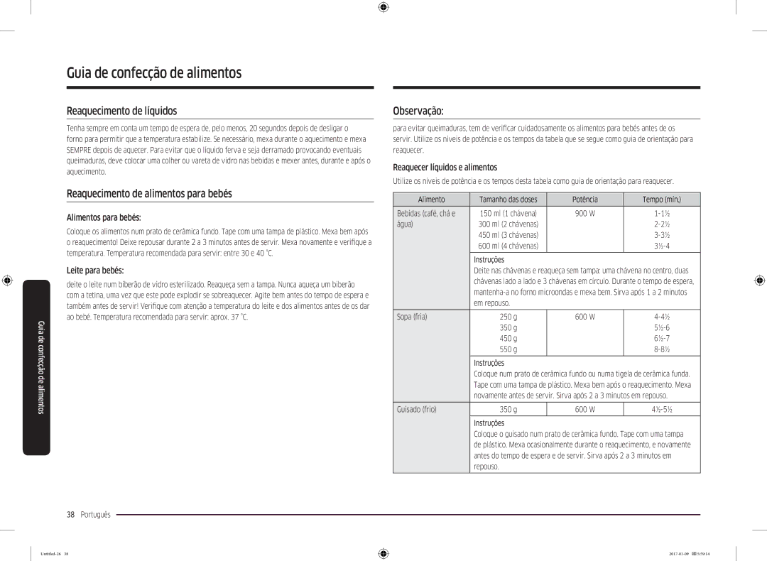 Samsung MC28M6055CS/EC manual Reaquecimento de líquidos, Reaquecimento de alimentos para bebés, Observação 