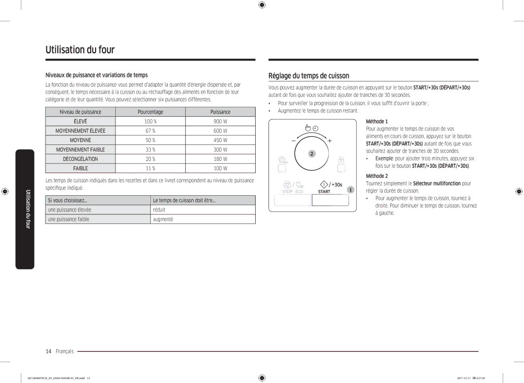 Samsung MC28M6035CS/EF, MC28M6055CS/EF manual Réglage du temps de cuisson, Niveaux de puissance et variations de temps 