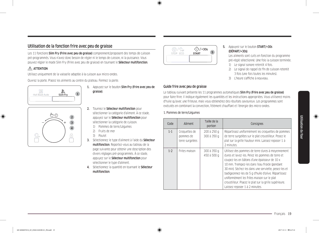 Samsung MC28M6035CS/EF manual Utilisation de la fonction frire avec peu de graisse, Guide frire avec peu de graisse 