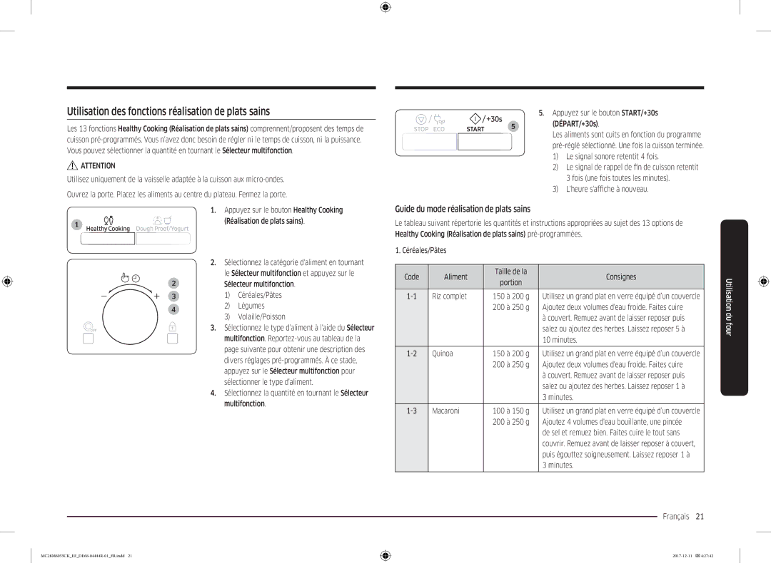 Samsung MC28M6035CK/EF Utilisation des fonctions réalisation de plats sains, Guide du mode réalisation de plats sains 