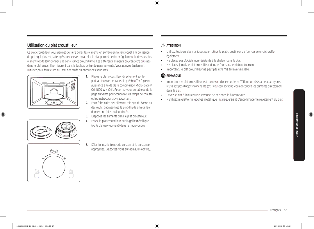 Samsung MC28M6055CW/EF, MC28M6055CS/EF Utilisation du plat croustilleur, Placez le plat croustilleur directement sur le 