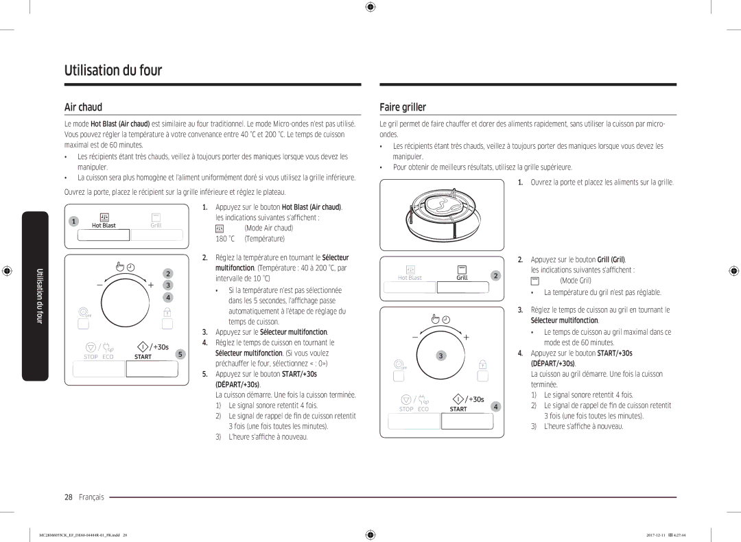 Samsung MC28M6055CK/EF, MC28M6055CS/EF, MC28M6035CK/EF, MC28M6055CW/EF, MC28M6035CS/EF manual Air chaud, Faire griller 