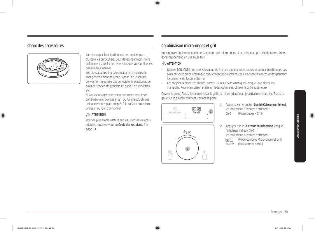 Samsung MC28M6035CS/EF, MC28M6055CS/EF, MC28M6035CK/EF manual Choix des accessoires, Combinaison micro-ondes et gril 