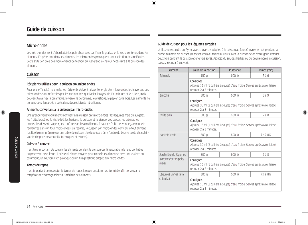 Samsung MC28M6035CS/EF, MC28M6055CS/EF, MC28M6035CK/EF, MC28M6055CW/EF, MC28M6055CK/EF Guide de cuisson, Micro-ondes, Cuisson 