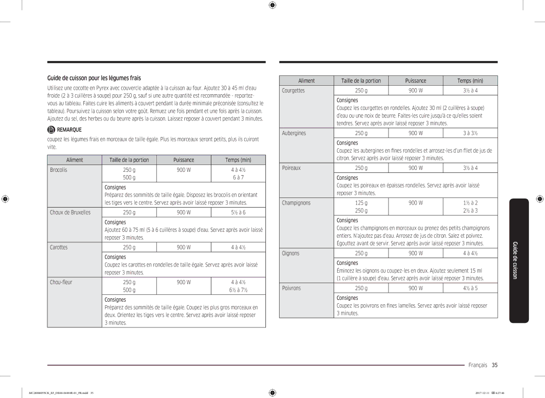 Samsung MC28M6055CS/EF, MC28M6035CK/EF, MC28M6055CW/EF, MC28M6055CK/EF manual Guide de cuisson pour les légumes frais 