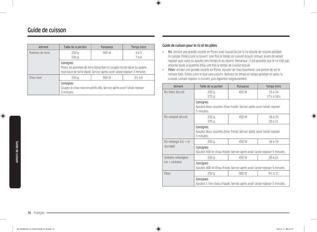 Samsung MC28M6035CK/EF, MC28M6055CS/EF, MC28M6055CW/EF, MC28M6055CK/EF manual Guide de cuisson pour le riz et les pâtes 