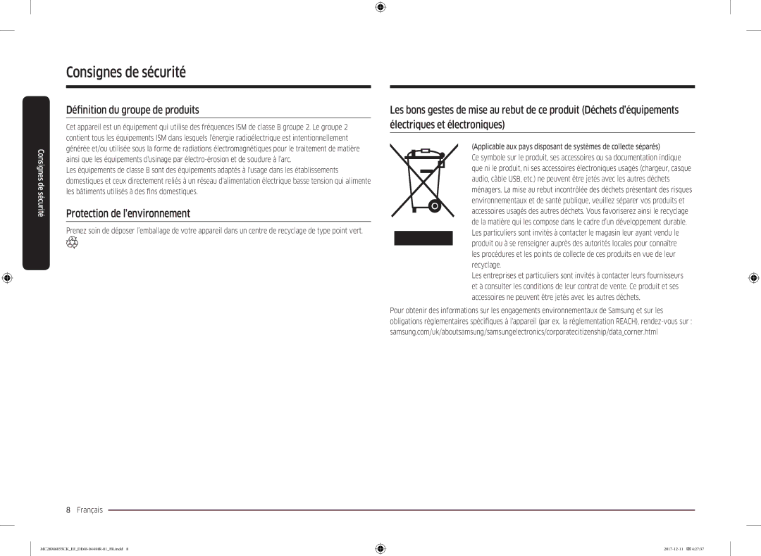 Samsung MC28M6055CK/EF, MC28M6055CS/EF, MC28M6035CK/EF manual Définition du groupe de produits, Protection de l’environnement 