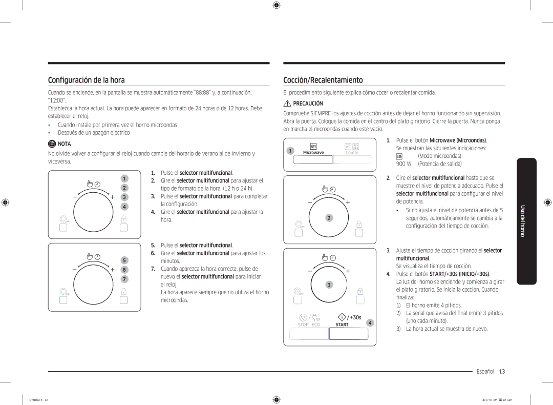 Samsung MC28M6055CK/EC, MC28M6055CW/EC manual Configuración de la hora, Cocción/Recalentamiento 