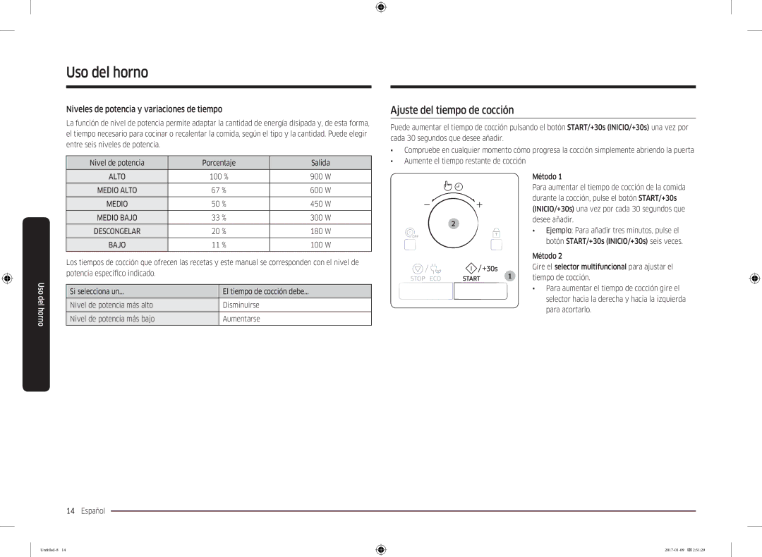 Samsung MC28M6055CW/EC, MC28M6055CK/EC manual Ajuste del tiempo de cocción, Niveles de potencia y variaciones de tiempo 