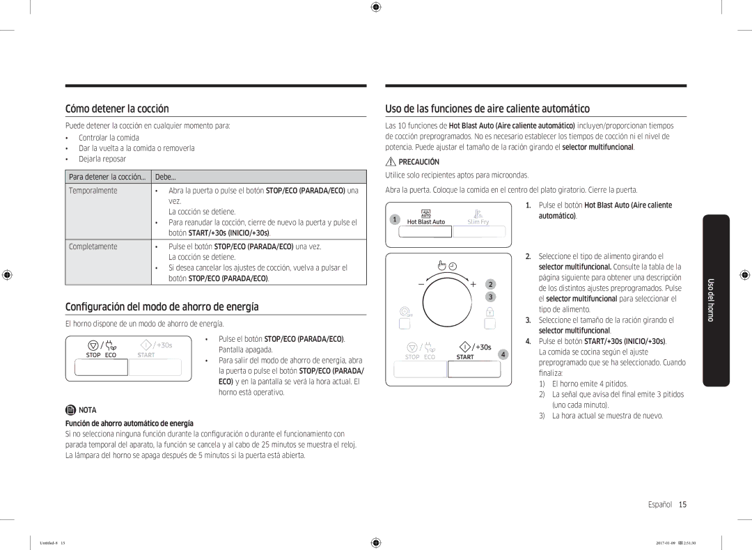 Samsung MC28M6055CK/EC, MC28M6055CW/EC manual Cómo detener la cocción, Configuración del modo de ahorro de energía 