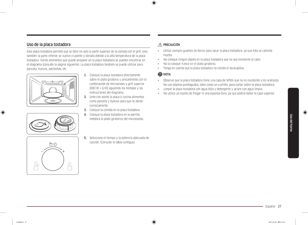 Samsung MC28M6055CK/EC, MC28M6055CW/EC manual Uso de la placa tostadora 