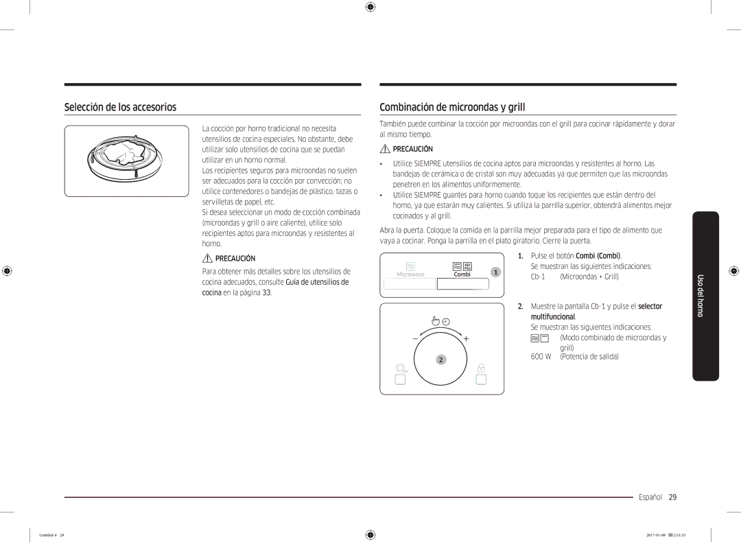 Samsung MC28M6055CK/EC, MC28M6055CW/EC manual Selección de los accesorios, Combinación de microondas y grill 