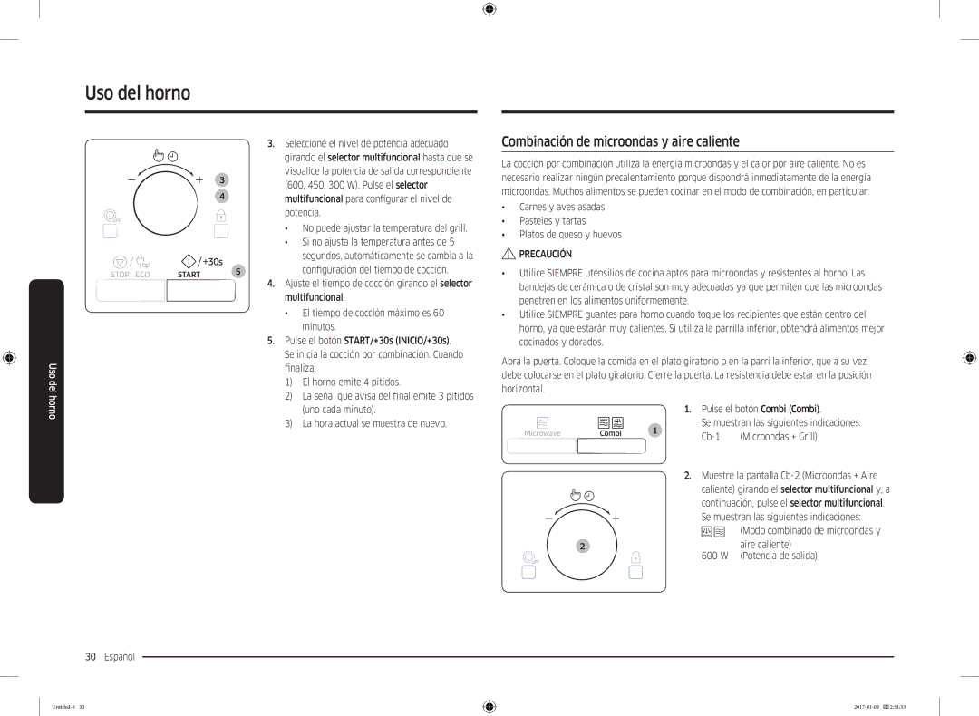 Samsung MC28M6055CW/EC, MC28M6055CK/EC Combinación de microondas y aire caliente, Seleccione el nivel de potencia adecuado 