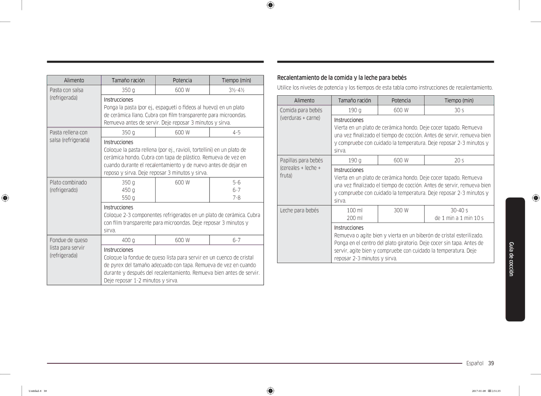 Samsung MC28M6055CK/EC, MC28M6055CW/EC manual Recalentamiento de la comida y la leche para bebés 