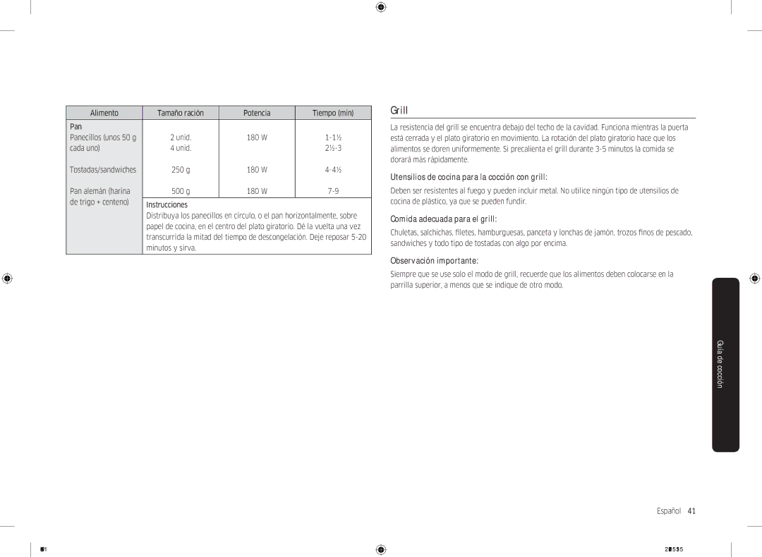 Samsung MC28M6055CK/EC, MC28M6055CW/EC manual Utensilios de cocina para la cocción con grill, Comida adecuada para el grill 