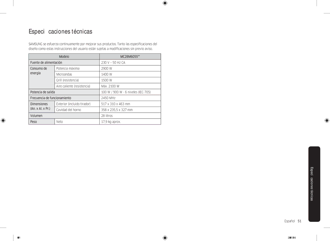 Samsung MC28M6055CK/EC, MC28M6055CW/EC manual Especificaciones técnicas, 100 W / 900 W 6 niveles IEC-705 