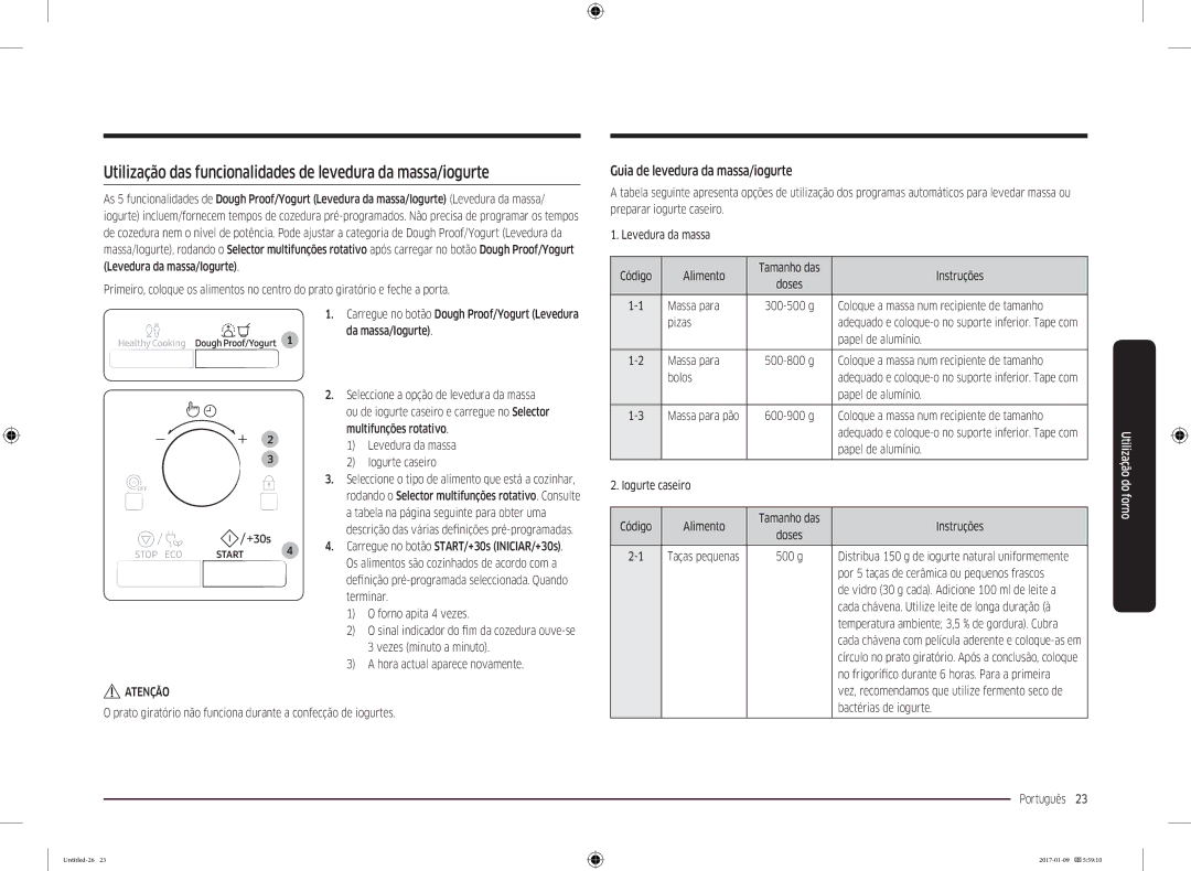 Samsung MC28M6055CK/EC Utilização das funcionalidades de levedura da massa/iogurte, Guia de levedura da massa/iogurte 