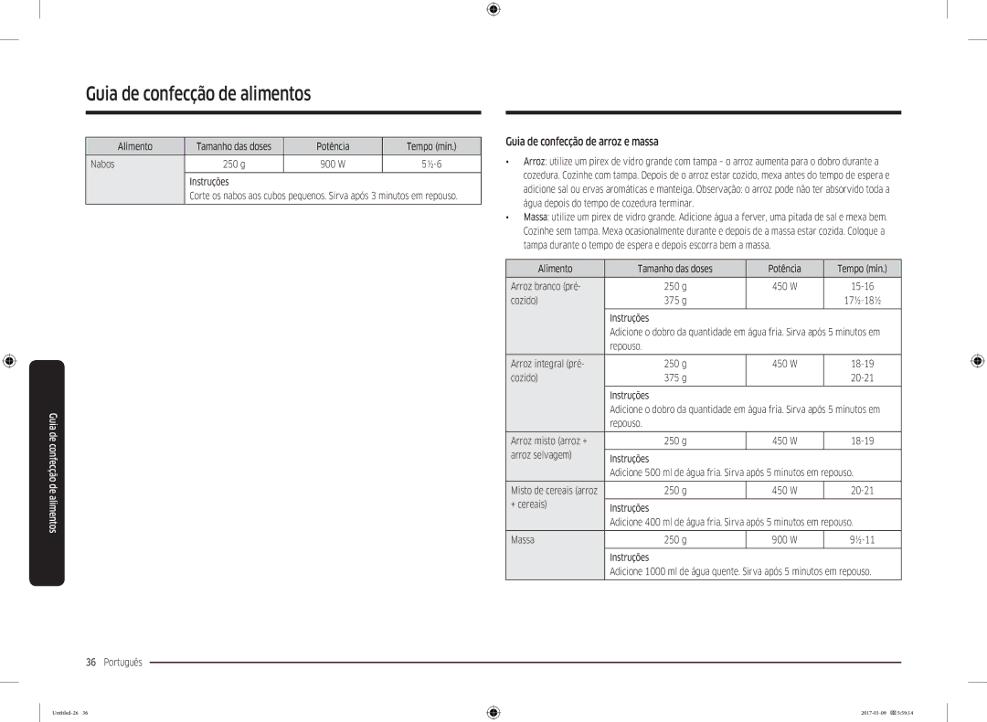 Samsung MC28M6055CW/EC, MC28M6055CK/EC manual Guia de confecção de arroz e massa, Potência Tempo mín Nabos, Cozido 375 g 