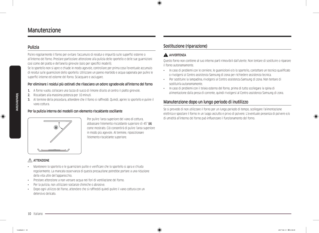 Samsung MC28M6075CS/ET manual Pulizia, Sostituzione riparazione, Manutenzione dopo un lungo periodo di inutilizzo 