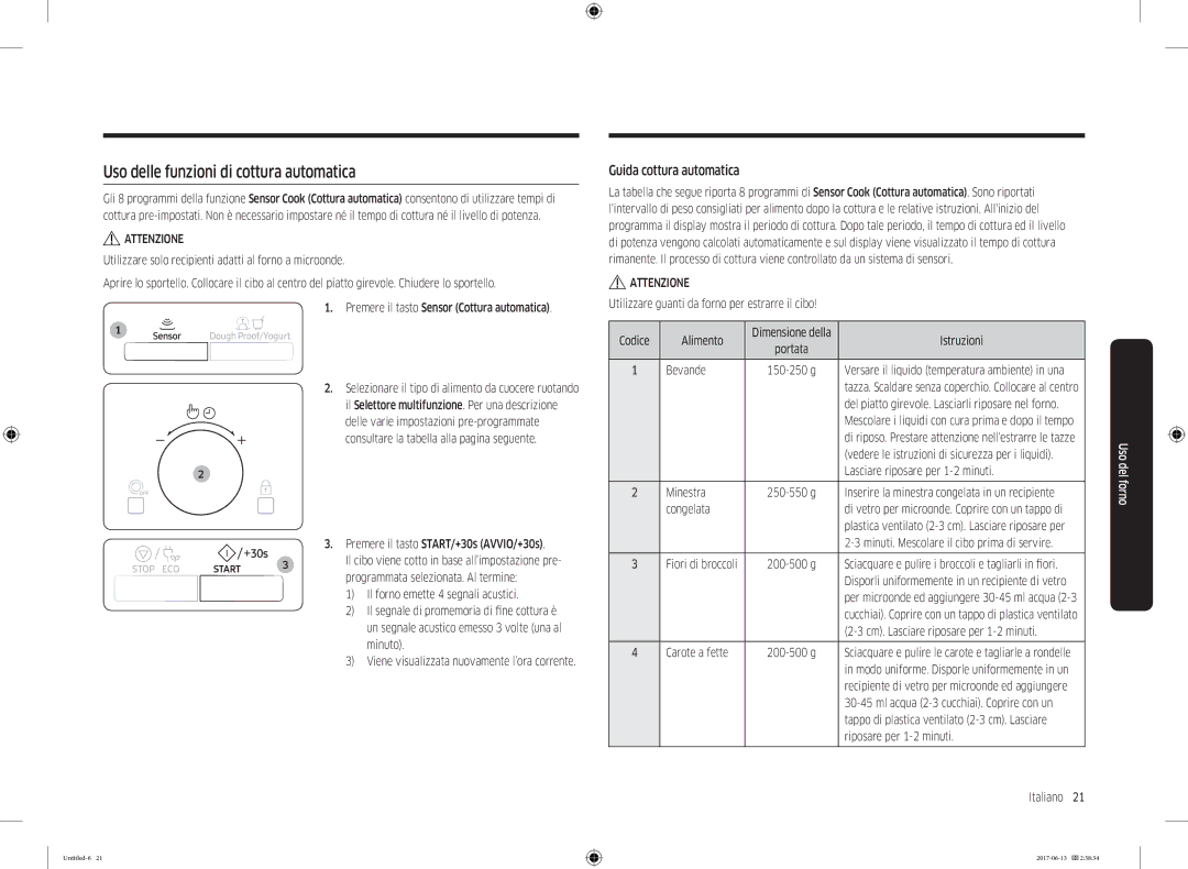 Samsung MC28M6075CS/ET manual Uso delle funzioni di cottura automatica, Guida cottura automatica 