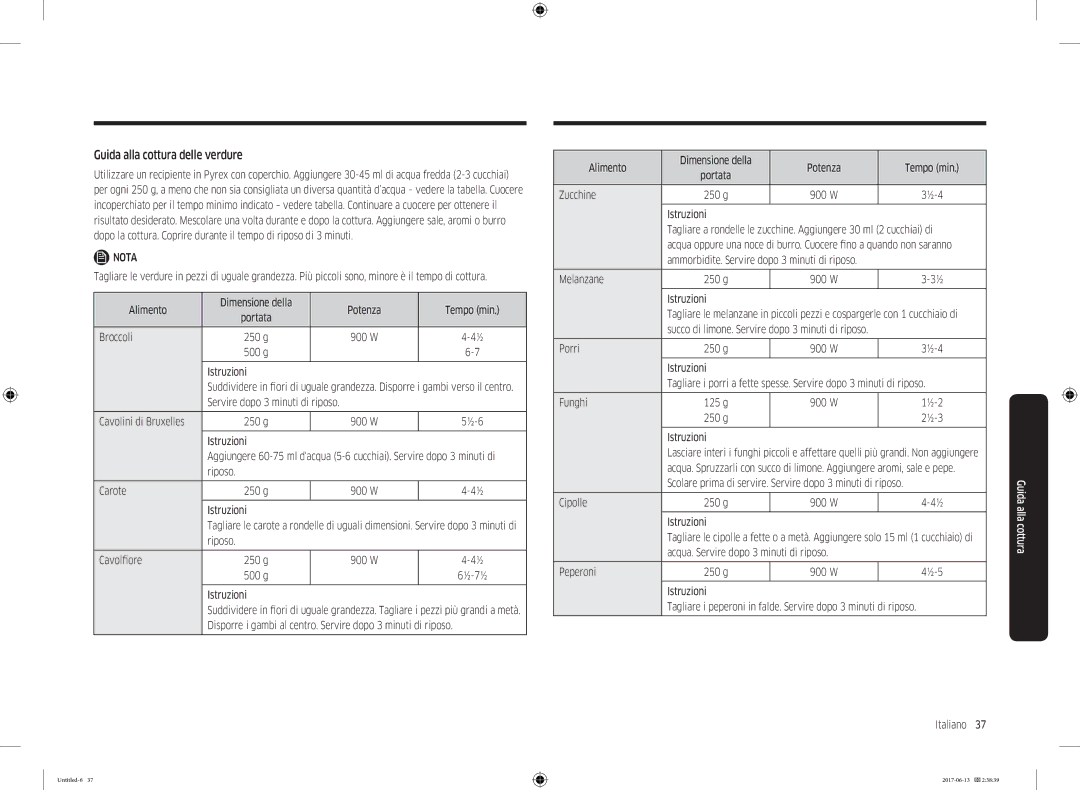 Samsung MC28M6075CS/ET manual Guida alla cottura delle verdure 