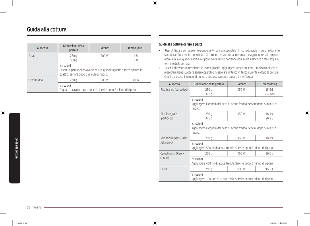 Samsung MC28M6075CS/ET manual Guida alla cottura di riso e pasta 