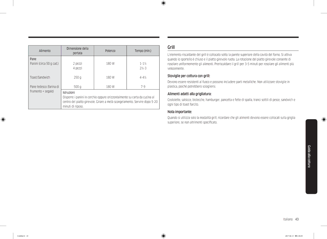 Samsung MC28M6075CS/ET manual Grill, Stoviglie per cottura con grill, Alimenti adatti alla grigliatura, Nota importante 