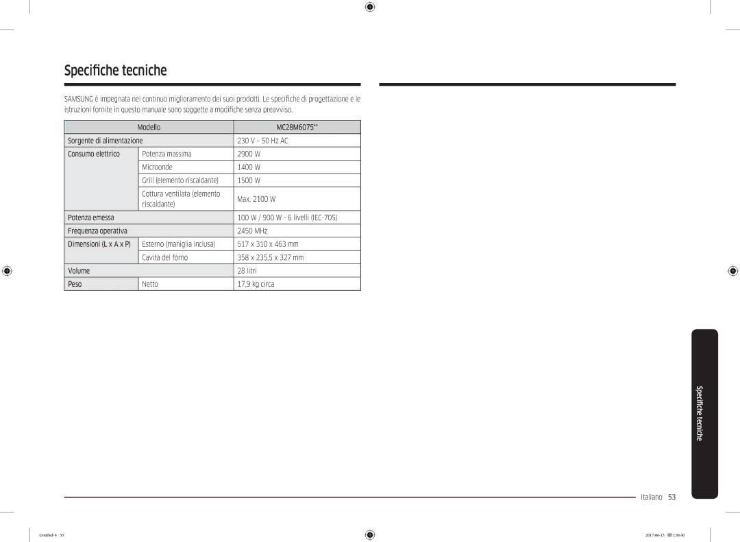 Samsung MC28M6075CS/ET manual Specifiche tecniche 