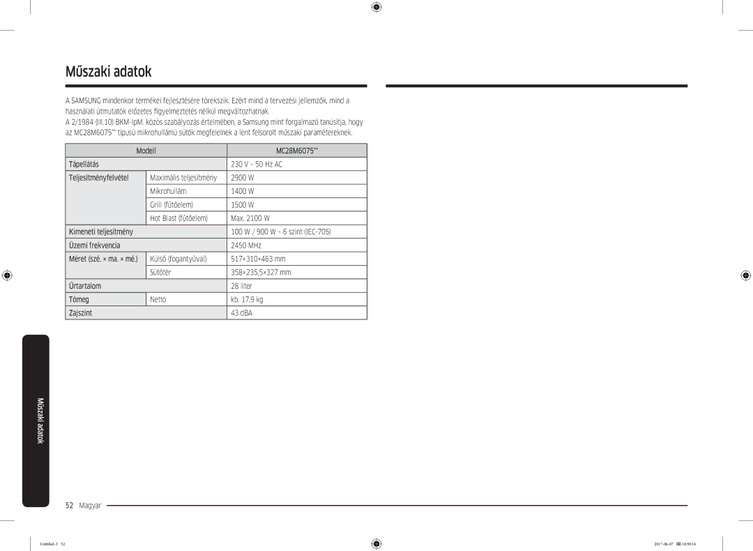 Samsung MC28M6075CS/OL, MC28M6075CS/EO manual Műszaki adatok 