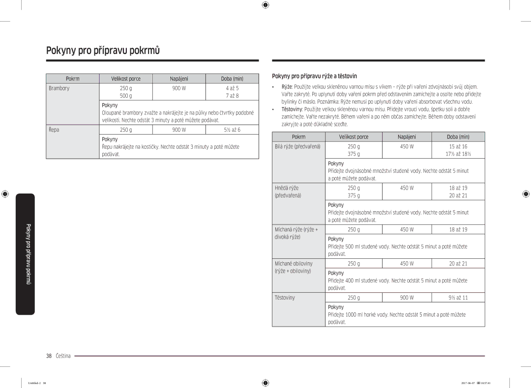 Samsung MC28M6075CS/OL, MC28M6075CS/EO manual Pokyny pro přípravu rýže a těstovin 